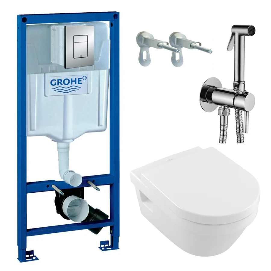 Комплект унітазу підвісного Villeroy & Boch Architectura з кришкою та інсталяцією Grohe Rapid SL 3в1 з гігієнічним душем Paffoni Tweet Round Mix (5684HR01+38772001+ZDUP110CR)