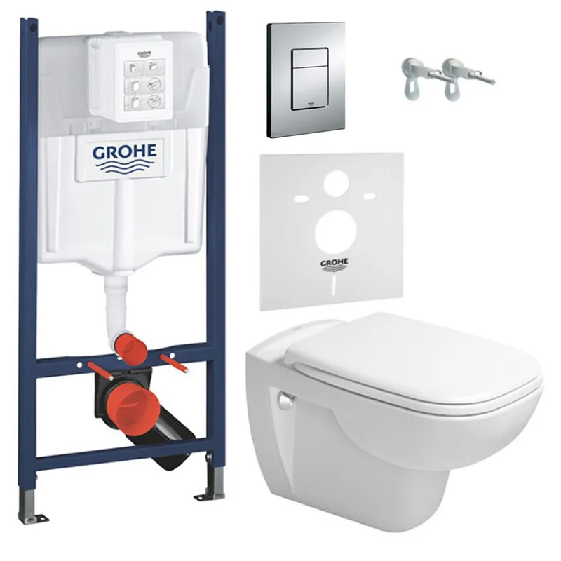 Комплект підвісного унітазу з кришкою Duravit D-Code Rimless та інсталяції Grohe Rapid SL 3 в 1 з клавішею змиву Skate Cosmopolitan, хром (45700900A1+3884000G/38732000)