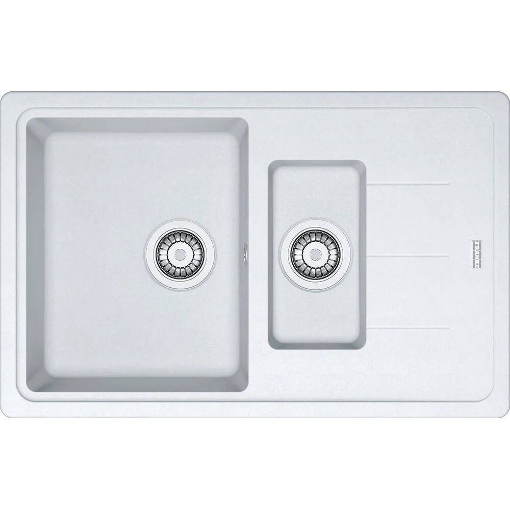 Кухонна мийка Franke Basis BFG 651-78, накладна, оборотна, 2 чаші, вентиль+сифон, 78x50, граніт білий (114.0272.602)